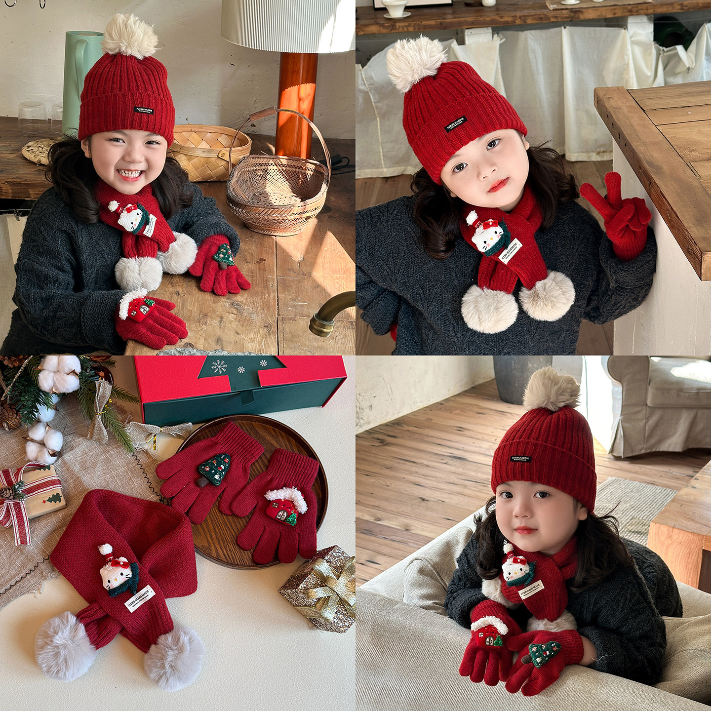 新年红儿童围巾女童1-10岁男孩宝宝过年围脖新款冬季针织交叉脖套