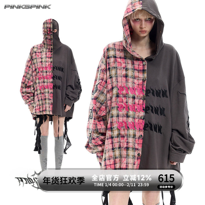 PINKSPINK 25SS|原创Remake拼接连帽头套绣花无性别宽松Y3K格衬衫,女装/女士精品,衬衫,淘宝优惠券,粉丝福利购,淘宝优惠卷