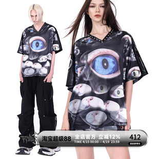 PINKSPINK原创德文猫眼球概念球衣铆钉V领拼接宽松无性别短袖