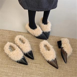 2025新款尖头粗跟中跟毛毛鞋女秋冬加绒保暖棉鞋外穿毛绒单鞋