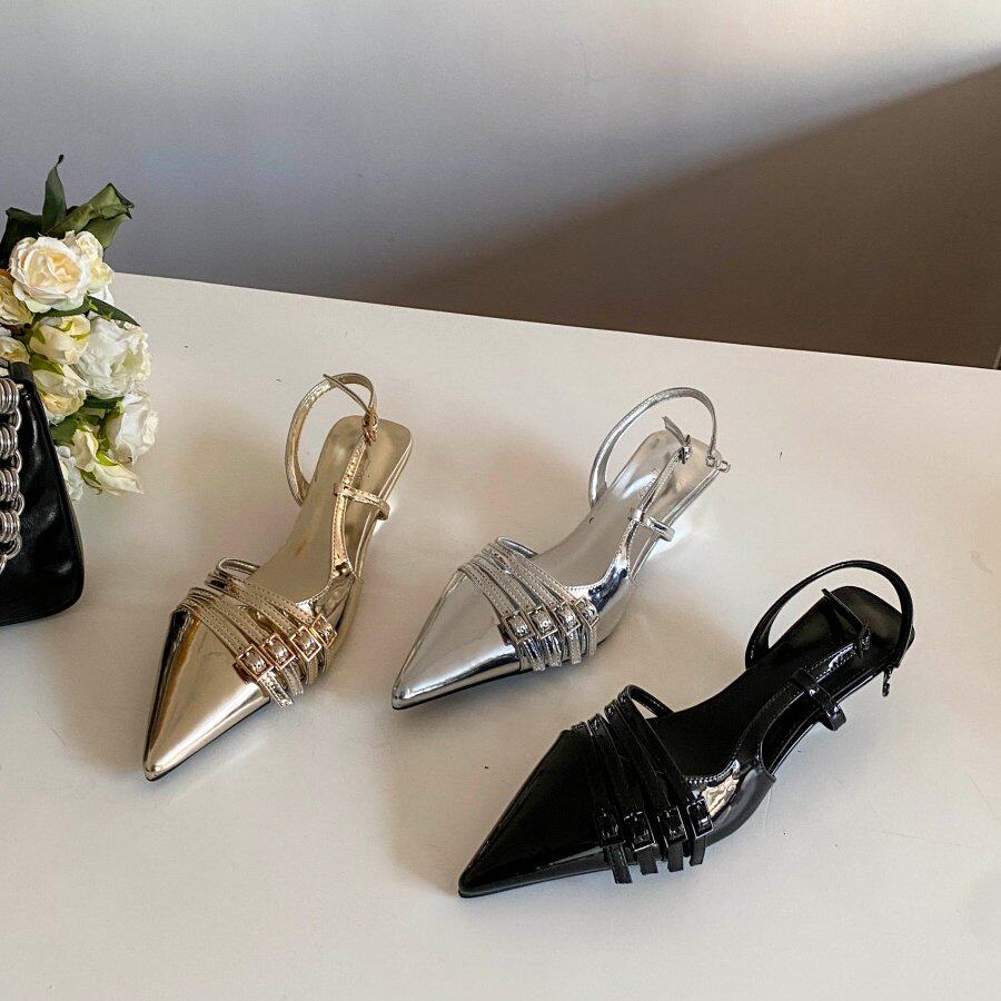 2026早春季新款女鞋尖头粗跟低跟皮带扣高跟鞋包头凉鞋浅口单鞋子