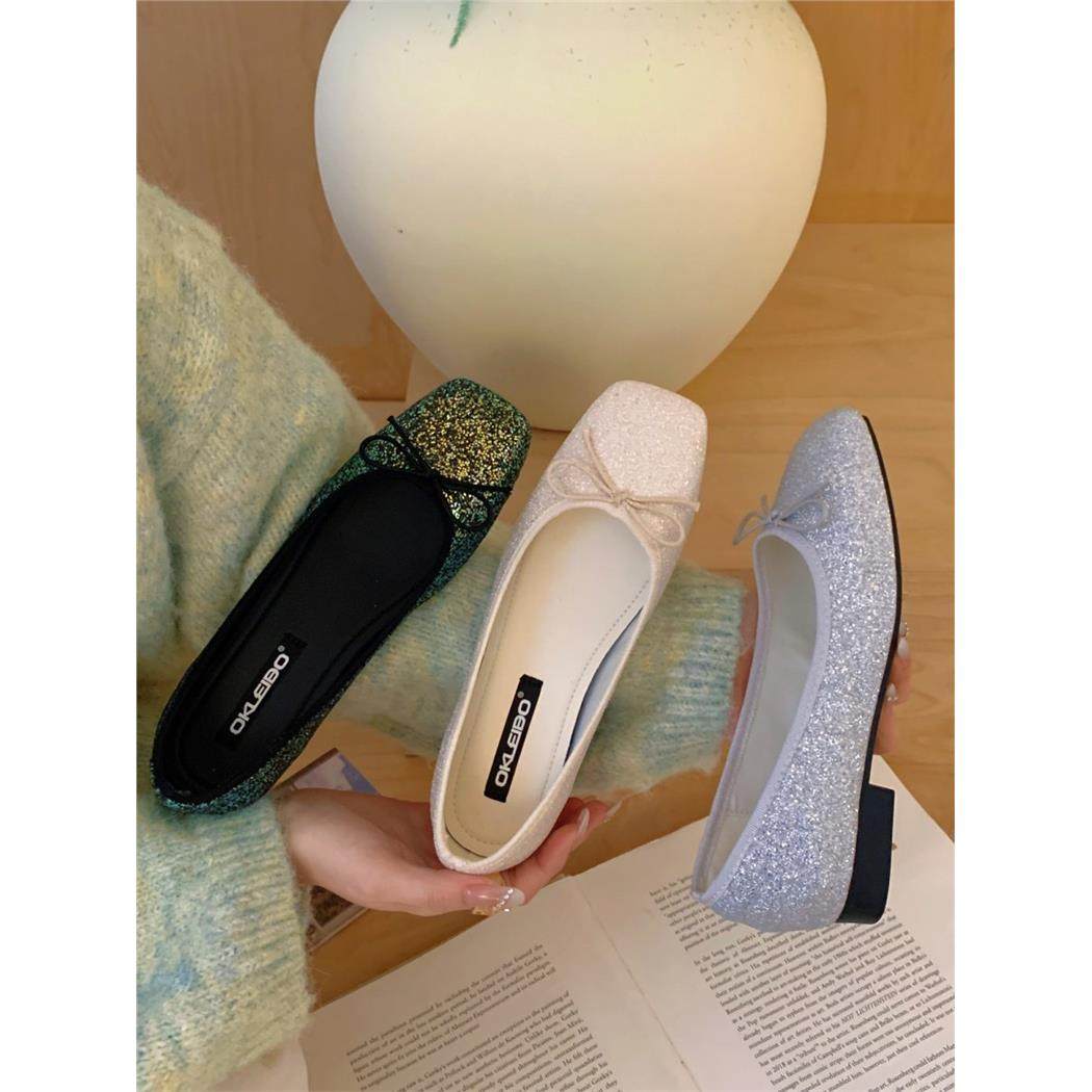 方头芭蕾舞鞋女平底蝴蝶结亮片通勤单鞋百搭一脚蹬奶奶鞋配裙子鞋,女鞋,时尚芭蕾鞋,淘宝优惠券,粉丝福利购,淘宝优惠卷