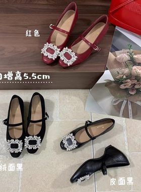 内增高方头水钻黑色单鞋女鞋子2026新款春秋季绒面玛丽珍晚晚鞋