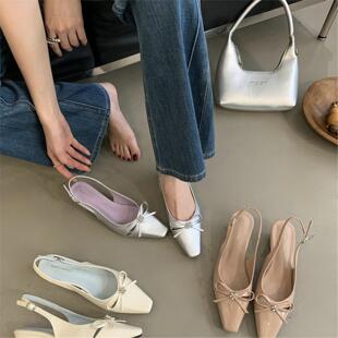 中跟女鞋 女夏粗跟后空单鞋 蝴蝶结高跟一字扣包头凉鞋 法式