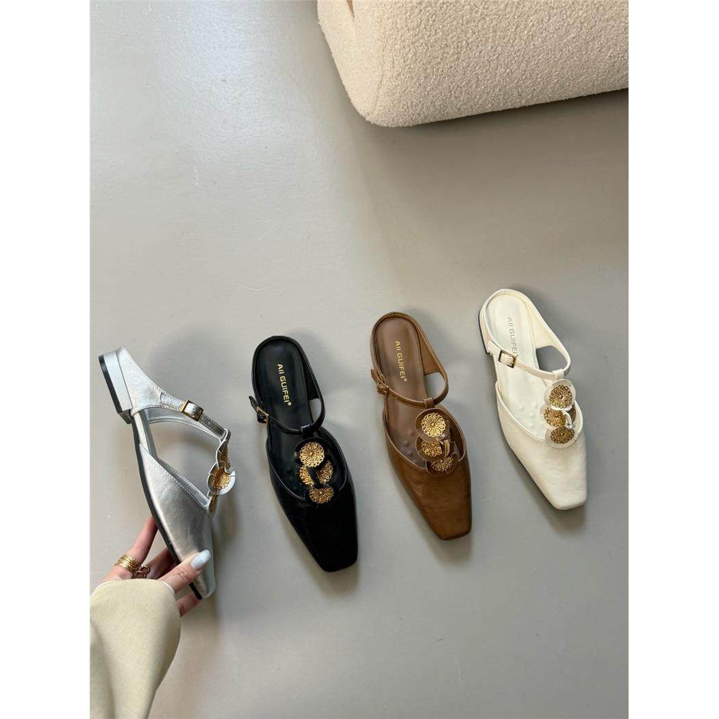 法式复古金属花朵包头半拖鞋女穆勒鞋方头低跟一脚蹬凉拖鞋,女鞋,包头拖,淘宝优惠券,粉丝福利购,淘宝优惠卷