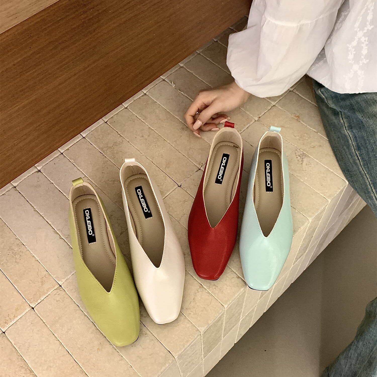 温柔风方头浅口单鞋女平底百搭舒适通勤鞋真皮瓢鞋不累脚豆豆鞋子