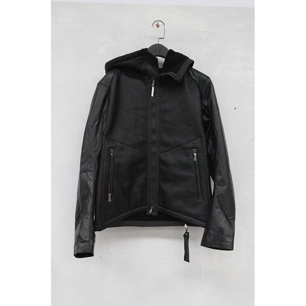 修身拉链连帽小牛皮质感法国夹克