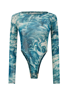 OUDE WAAG 26春夏 一字肩网纱印花连体衣