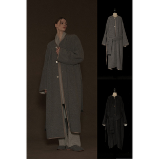 Mutedance 无领系扣腰带长外套大衣