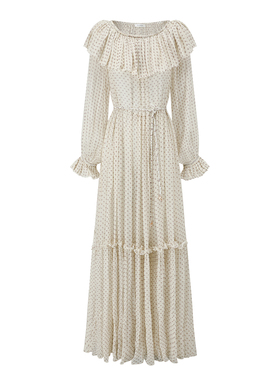 INTO THE EAST 白色迷你腰果荷叶领真丝连衣裙