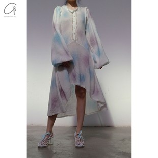 60%OFF 蓝紫印花羊绒泡沫钮扣连衣裙 Susanfang