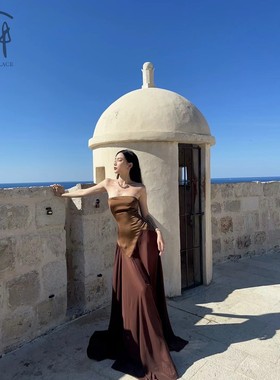 PengTai  无肩带褶皱长连衣裙