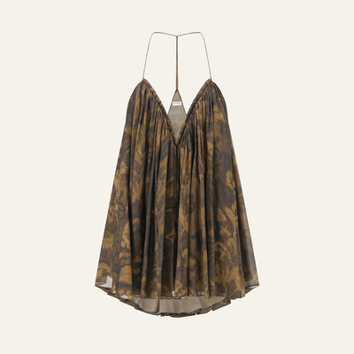 INTO THE EAST 26春夏 茛苕油彩深v吊带上衣/杏黄色亚麻翻边短裤