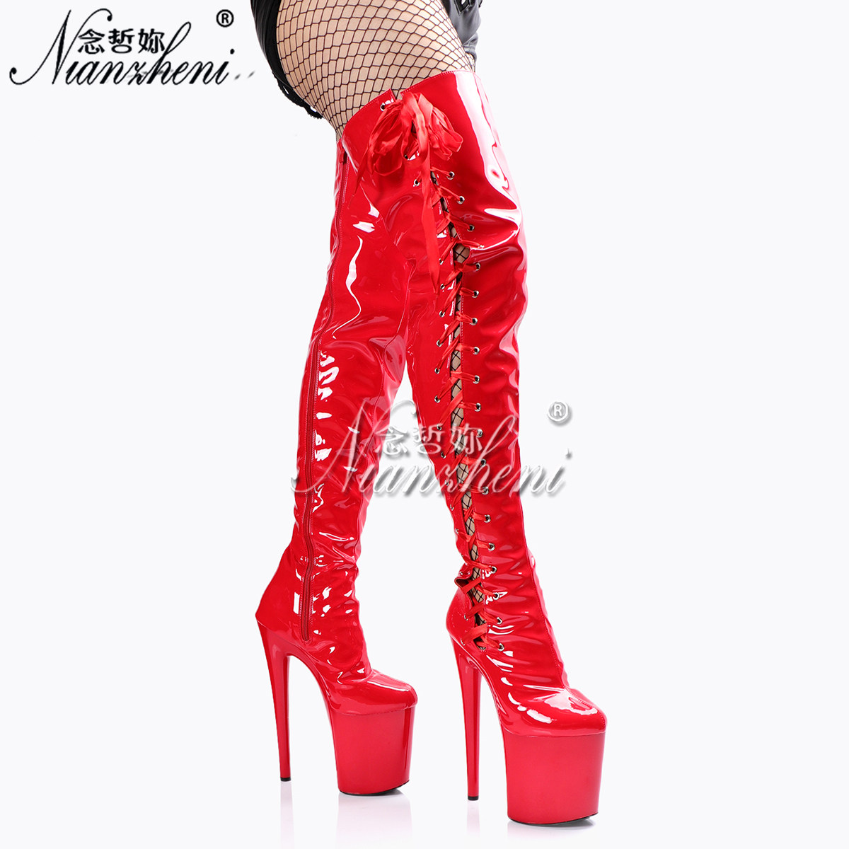 20cm超高跟鞋恨天高细跟情趣丝带过膝长靴模特走秀大码钢管舞女靴