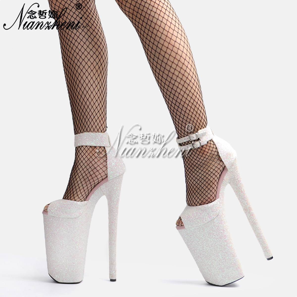 超高跟鞋26cm细跟防水台大码凉鞋模特走秀闪粉亮片夜店钢管舞演出