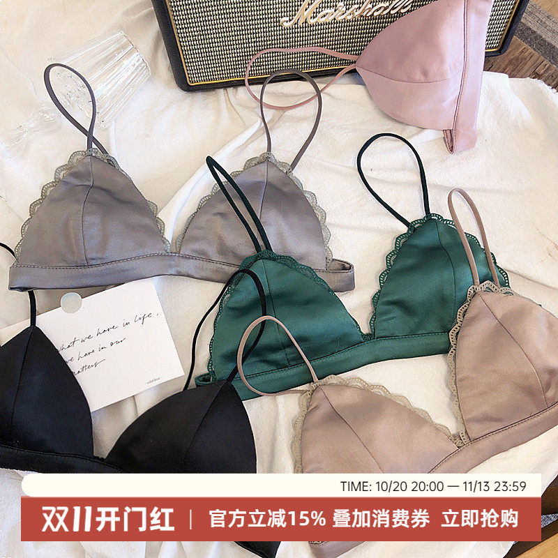 欧美缎面色丁性感三角杯薄款文胸隐形细带无钢圈软杯胸罩内衣bra