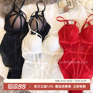 性感绑带设计连体文胸套装镂空网纱有钢圈上薄下厚塑身内衣显瘦