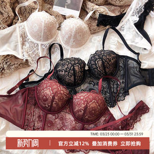 法式 收腰鱼骨显瘦文胸薄显小 性感蕾丝镂空辣妹软钢圈马甲内衣套装