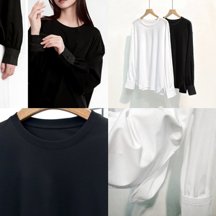 简洁纯色100支丝光棉黑白基础款 袖 长袖 式 口T恤上衣Q686 衬衫 E.P版