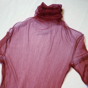 多用自由剪裁打底内搭叠穿透视衫 勃垦红原版 美真丝网纱高领长袖