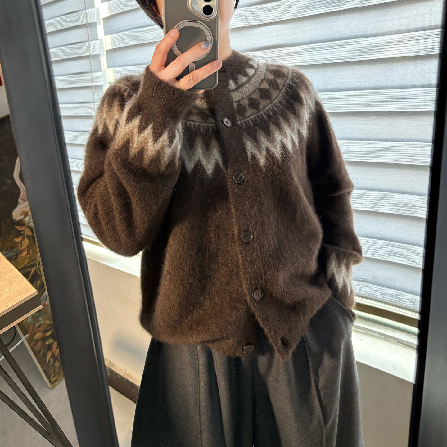 太阳温暖感费尔岛织花忒供长拉绒小厚100牦牛绒圆领针织开衫毛衣