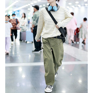 刘雯同款正版莱赛尔亚麻宽松圆领条纹长袖针织衫T恤风骨瘦罩衫