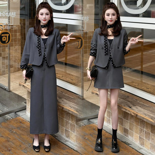 时尚 套装 裙女春秋新款 洋气显瘦漂亮飘带西服外套半身裙两件套 西装