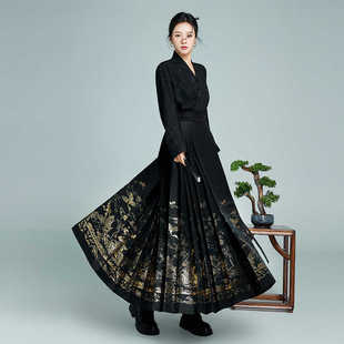 墨画[织金]原创明制汉服改良飞机袖衬衣新中式螺钿黑马面裙女套装