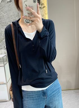 闭眼冲！神级显瘦假两件连帽长袖T恤女春季新休闲百搭宽松打底衫