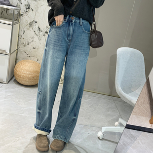 女保暖显瘦垂感宽松长裤 无弹加绒阔腿牛仔裤 冬季 保暖密密绒弯刀裤