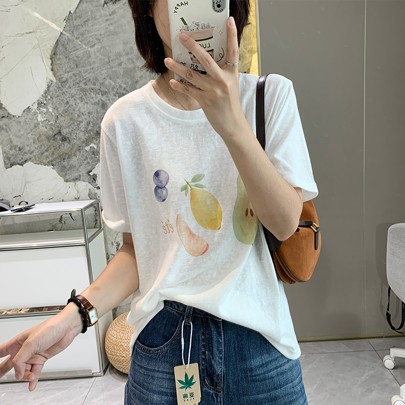 清爽水果印花冰麻韩版宽松柔软T恤女夏季薄款圆领百搭短袖上衣新