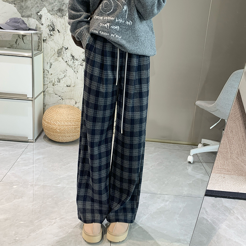 加绒松弛感格子休闲裤