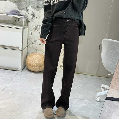 德利绒保暖显瘦直筒牛仔裤女秋冬