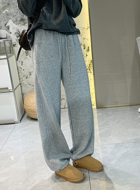 暖呼呼2穿抽绳加绒保暖阔腿卫裤女秋冬厚款松紧腰宽松直筒休闲裤