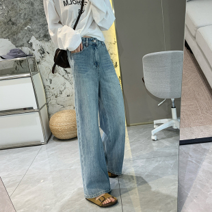 高腰显瘦浅色直筒牛仔裤 时髦C位油漆做旧窄版 新款 春季 女 阔腿长裤