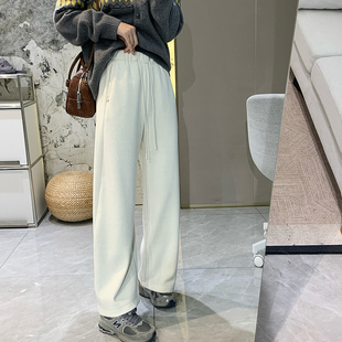 松弛感保暖加绒毛呢休闲裤 女秋冬保暖抽绳加厚宽松显瘦直筒阔腿裤