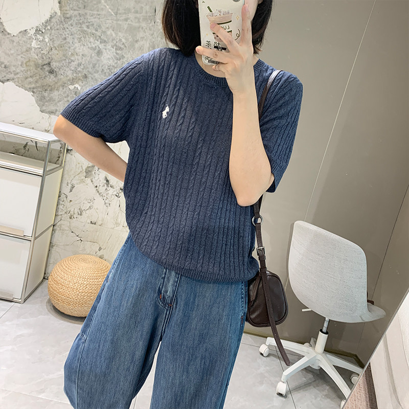 和纸纱垂凉感透气小麻花刺绣针织衫夏季通勤老钱风宽松短袖T恤女