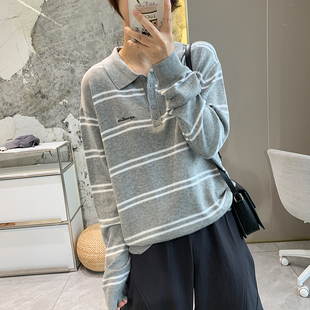 新休闲百搭气质POLO衫 混纺翻领针织衫 秋季 条纹老钱风打底衫 女韩版