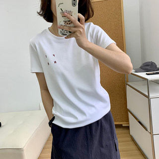 方形字母刺绣短袖T恤女2024年夏季新款宽松韩版百搭圆领白色上衣