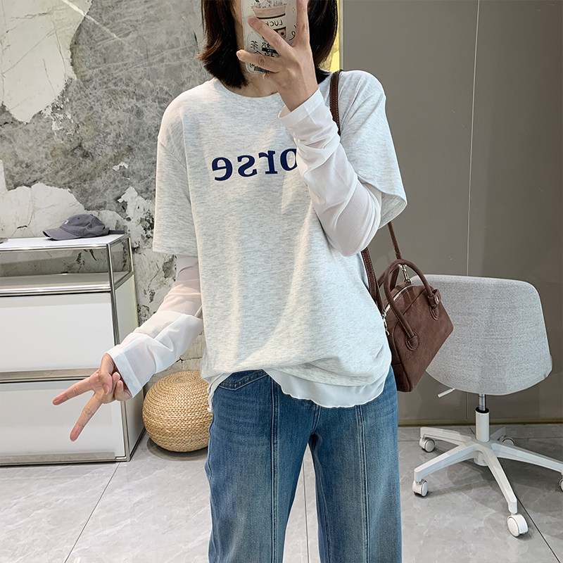 秋蕾丝网纱假两件宽松长袖T恤女图片