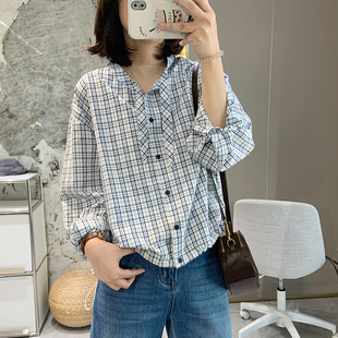 宽松通勤风长袖 格子衬衫 下摆抽绳衬衣韩版 新款 上衣 女2026春季