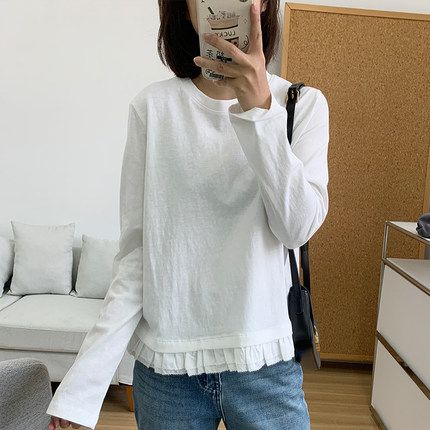 早春蕾丝拼接白色长袖T恤女2025春节新款韩版纯棉宽松内搭打底衫