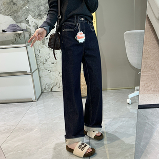 四面弹亲肤加绒保暖直筒裤牛仔裤女秋冬新款加厚软糯窄版阔腿长裤