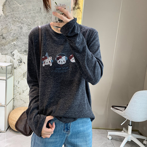 糯叽叽卡通印花宽松长袖T恤女