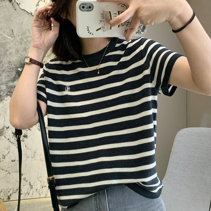 冰丝条纹基础款短袖女针织衫松弛感上衣2025春夏撞色经典打底T恤