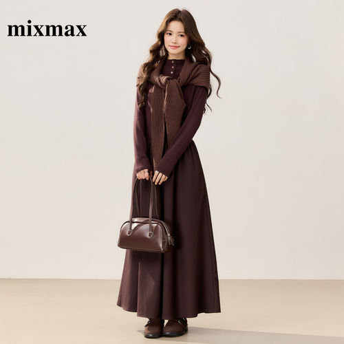 MIXMAX/美姿宝莲极简风针织连衣裙女秋冬高领长袖修身显瘦长裙女