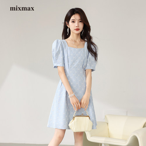 MIXMAX法式初恋连衣裙女夏季2024年新款短袖收腰显瘦灯笼袖小个子
