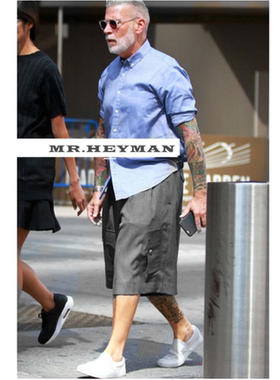 nick wooster潮款深灰工装大短裤个性口袋阔腿五分裤百慕大老爹裤