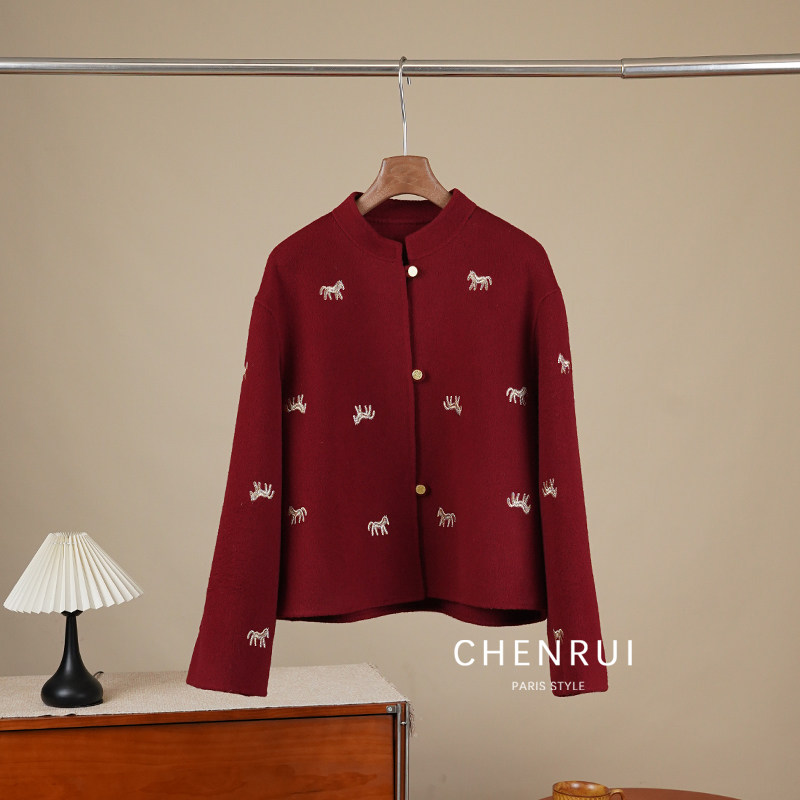 晨锐女装酒红色羊绒小马刺绣双面呢外套新中式立领开衫羊毛长袖,女装/女士精品,毛呢外套,淘宝优惠券,粉丝福利购,淘宝优惠卷