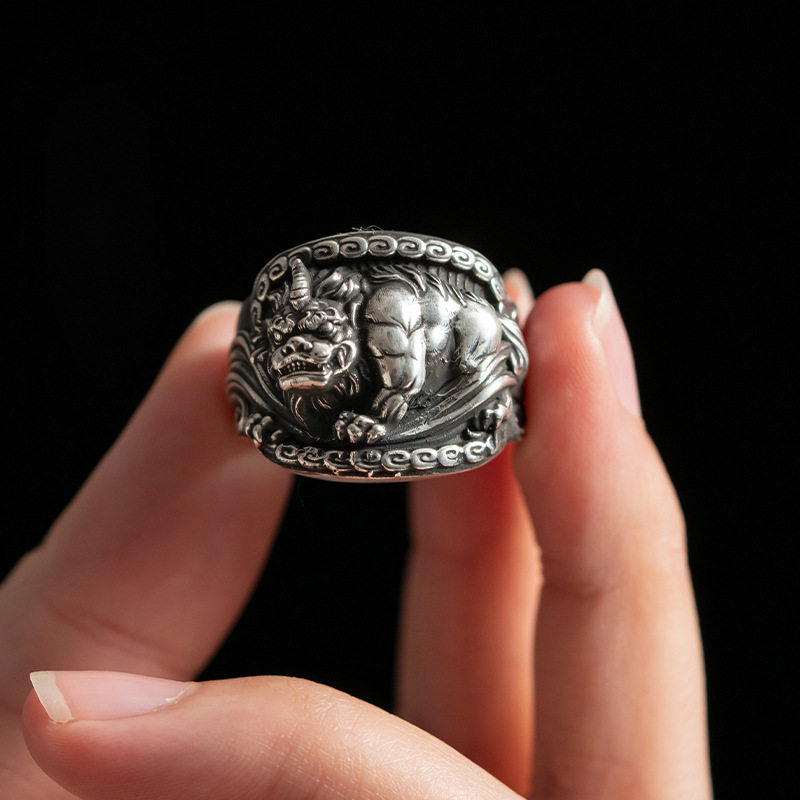 复古泰银新款貔貅戒指男士霸气开口指环麒麟银指环民族风饰品中国